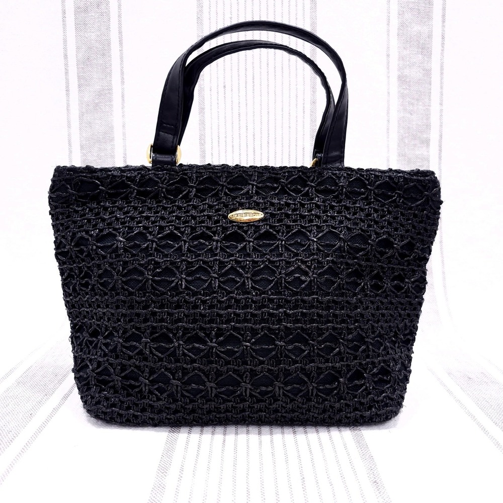 LIZ CLAIBORNE Vintage Y2K Black Macrame / Crochet Rattan Handbag Purse